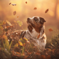 Adult dog on a ground with falling leaves